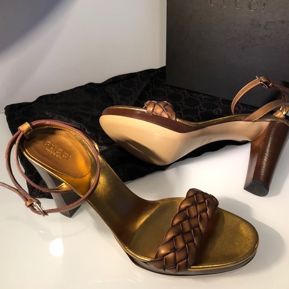 NIB Gucci Bronze Metallic Braided Stacked Heel 8.5 - Picture 2 of 8